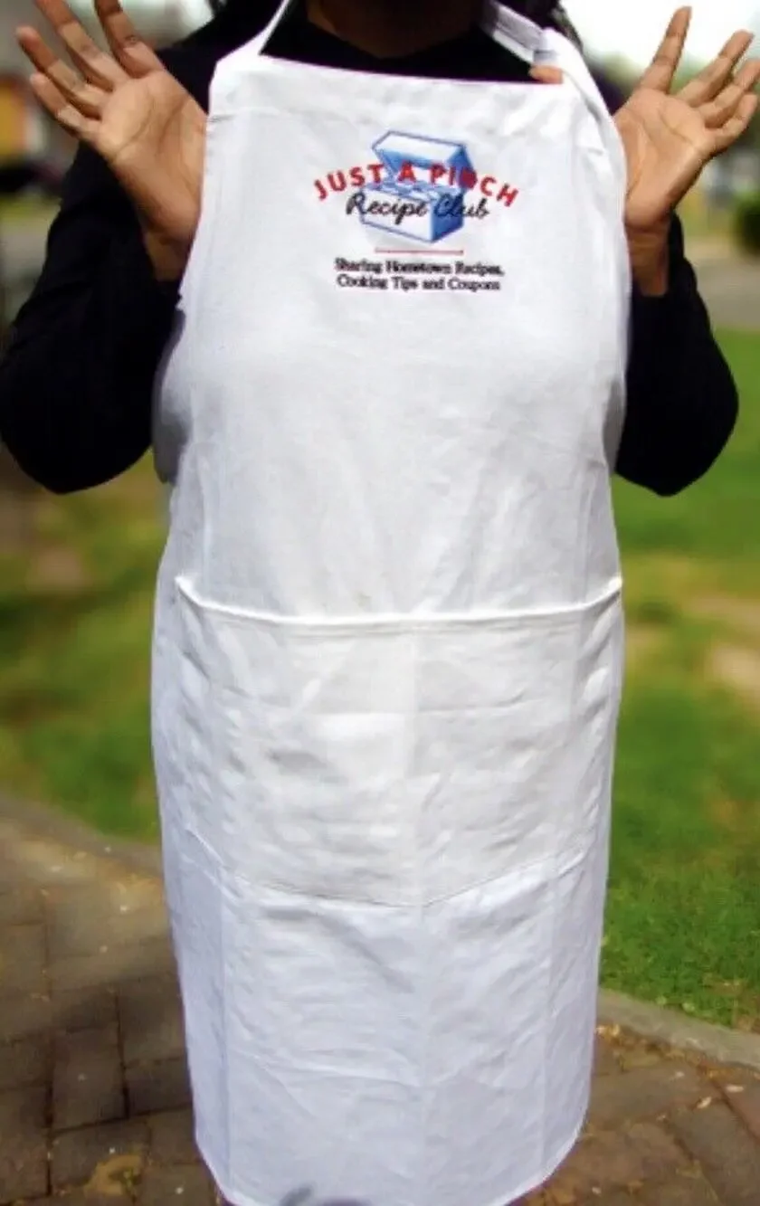 Just a Pinch Apron White Brushed Cotton Embroidered pocket baking cooking art